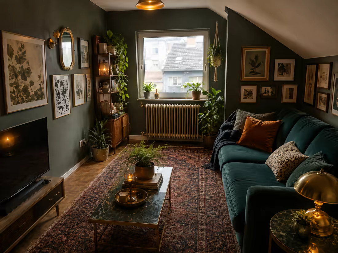 The same narrow attic living room redesigned in Eclectic style, radiator and sloped ceiling intact