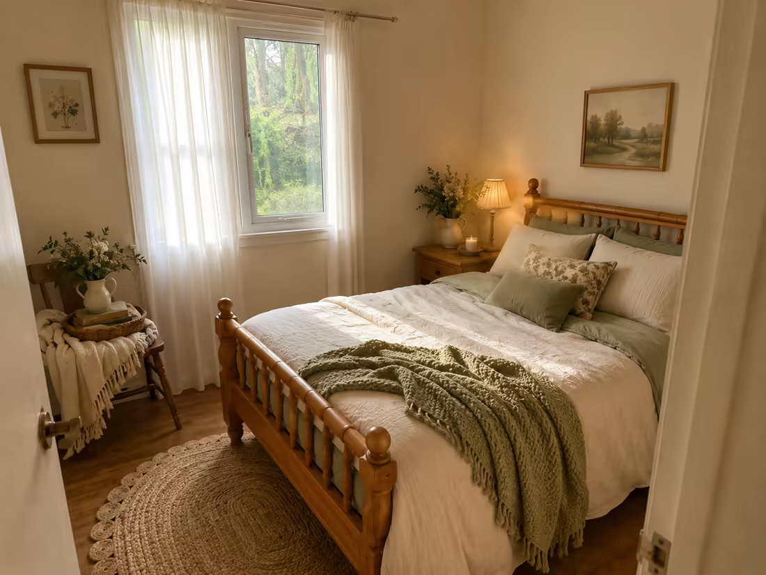 The same bedroom redesigned in Cozy Cottage style: wooden bed, linen bedding, braided rug