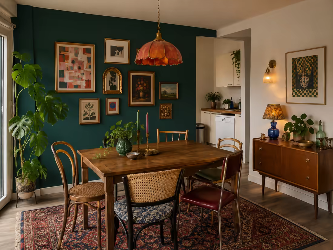 The same dining area redesigned in Eclectic style with a teal gallery wall and mixed chairs