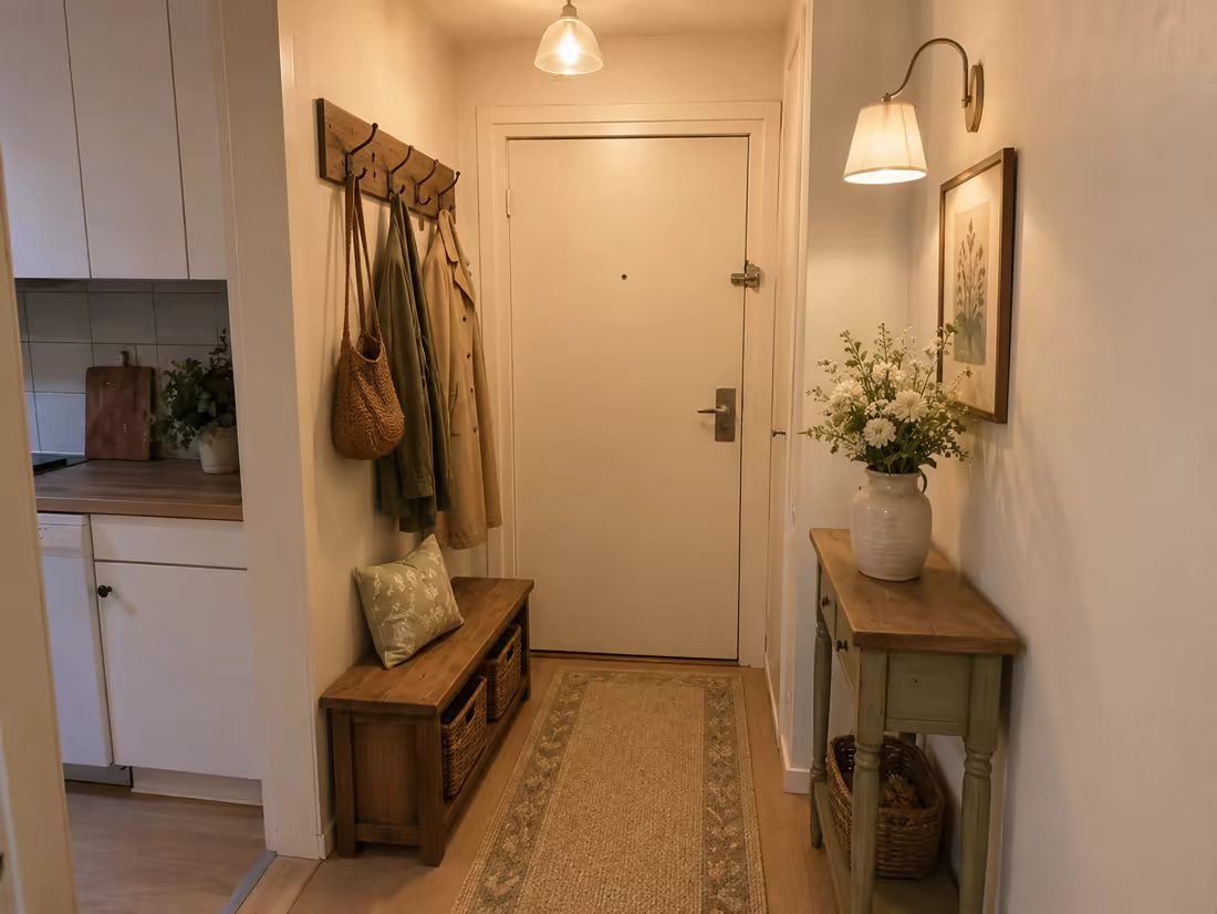 The same entryway redesigned in Cozy Cottage style with a bench and orderly hooks