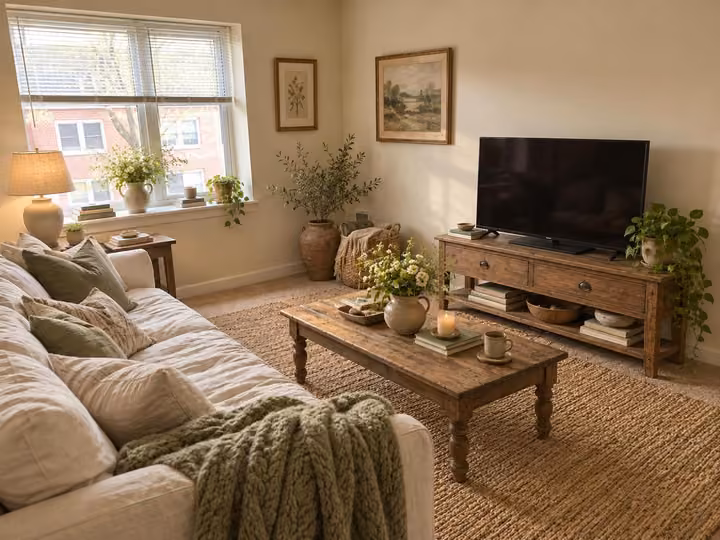 A living room rendered in Cozy Cottage