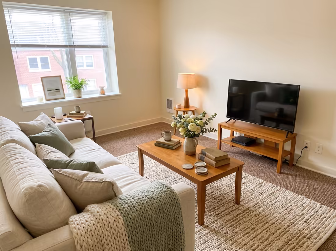 The same living room redesigned in Cozy Cottage style: warm wood, layered lamplight
