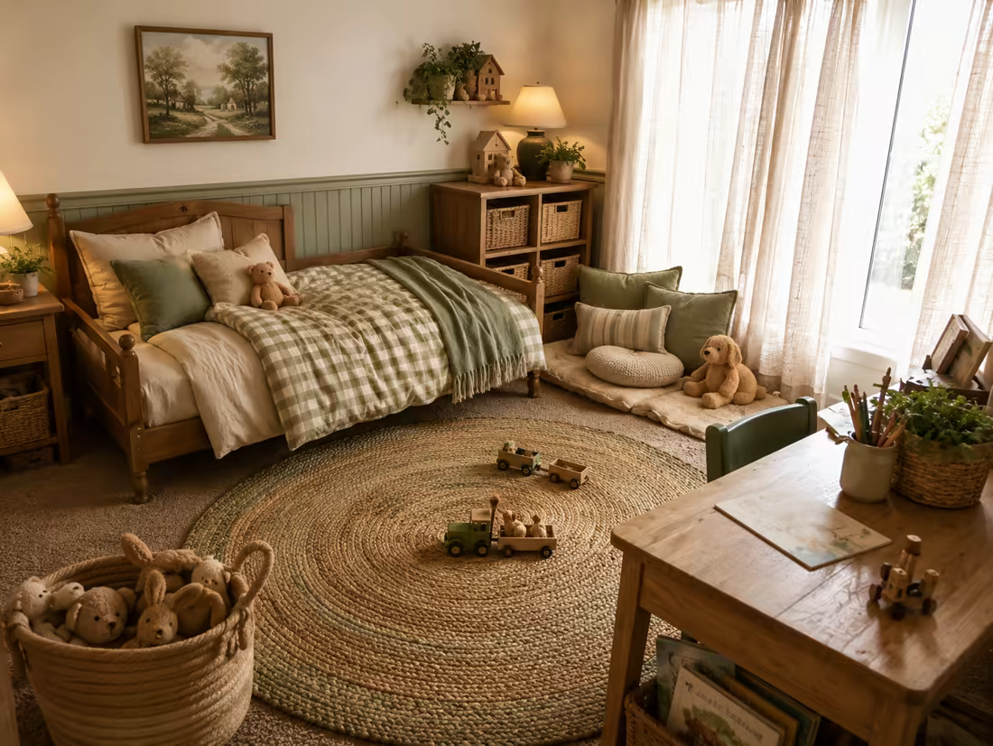 The same kids room redesigned in Cozy Cottage style with woven baskets taming the toys