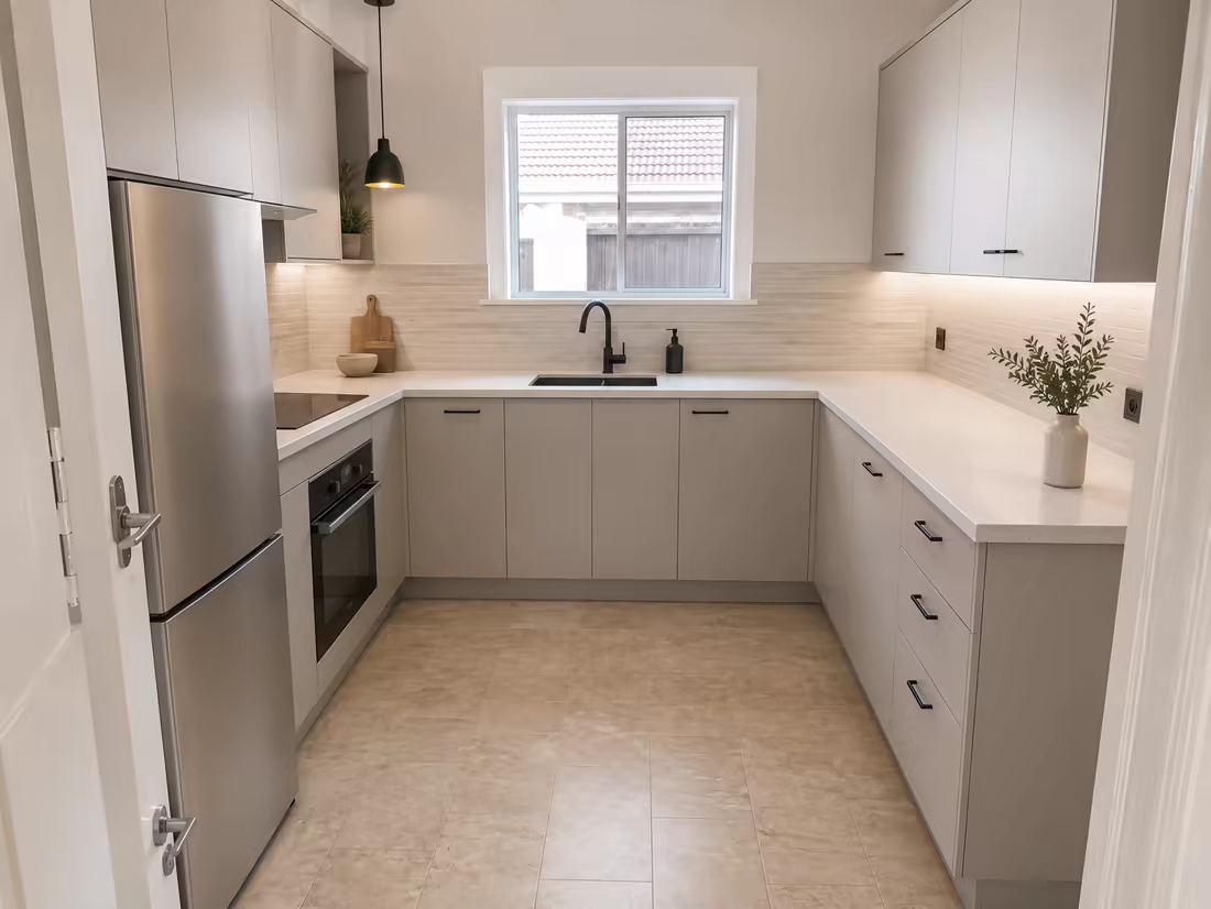 The same kitchen redesigned in Modern style with matte cabinets and clear counters