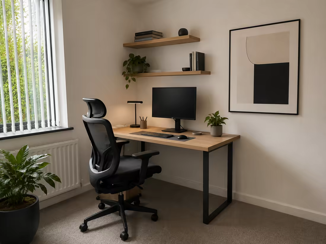 The same home office redesigned in Modern style with an oak desk and hidden cables