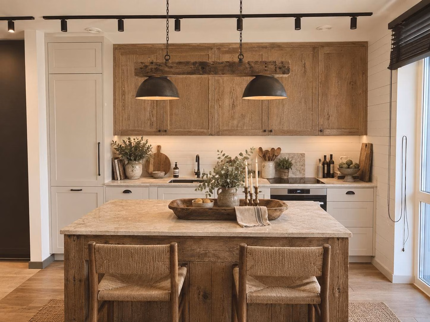 The same kitchen rendered in Modern Farmhouse: the window and its blinds, the island with two stools, the sink, the hob, the oven and the track lights where they were, with cream fronts, reclaimed-wood uppers, a shiplap splashback, a stone worktop and a beam pendant