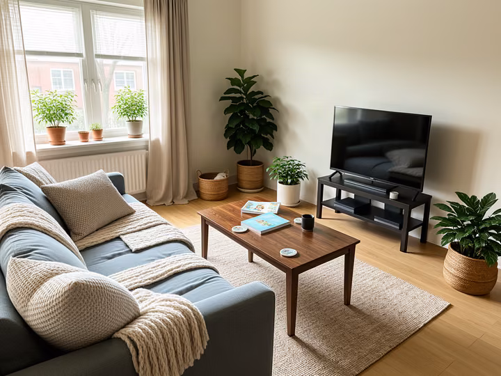 The living room as a general image model made it: the TV moved to the far wall, a radiator under a wider window, a wooden floor, the camera somewhere else