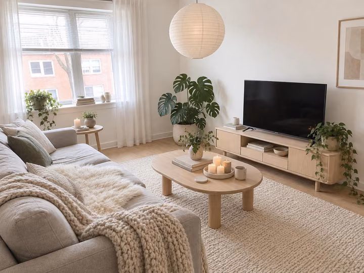 The same living room rendered in Scandinavian: the window, the sofa wall, the TV wall and the heater where they were