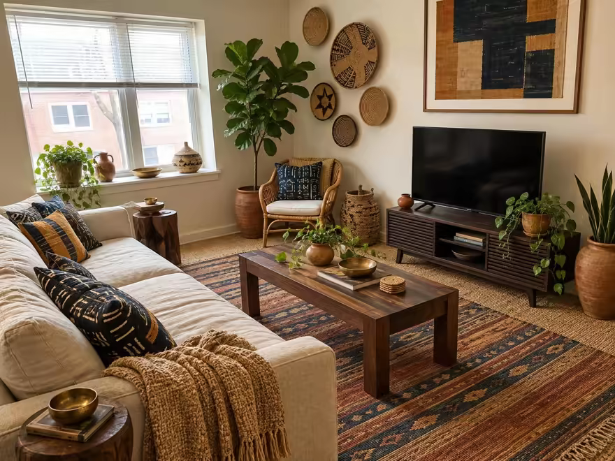 The hero living room redesigned in Afrohemian style