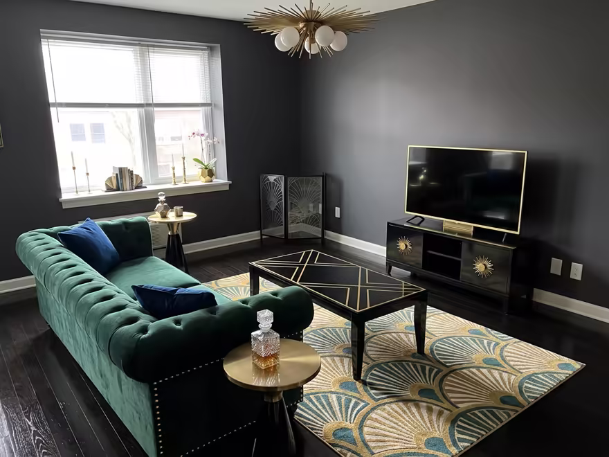 The hero living room redesigned in Art Deco style