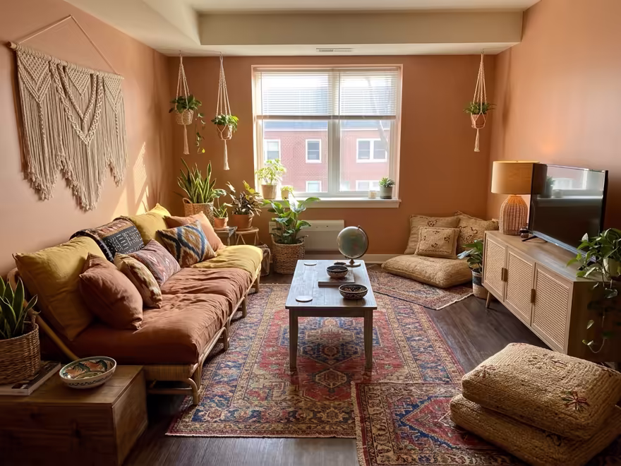 The hero living room redesigned in Boho style