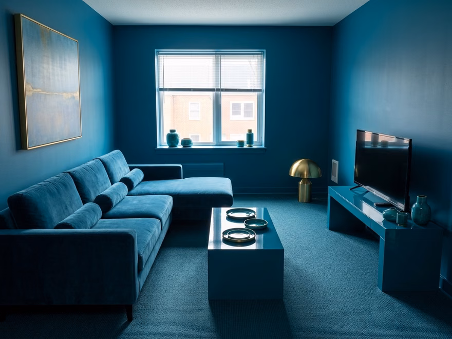 A living room redesigned in Color Drench style by RoomDesignAI