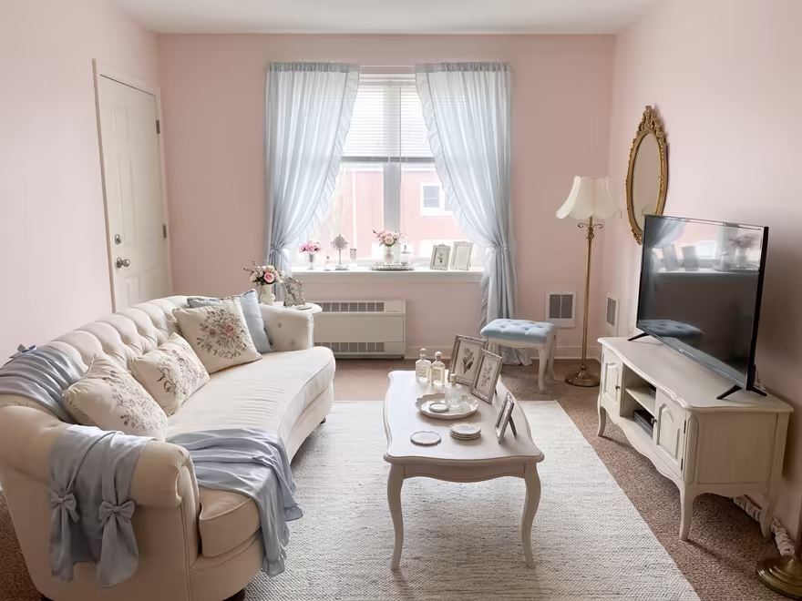 The hero living room redesigned in Coquette style