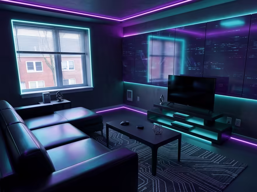 The hero living room redesigned in Cyberpunk style