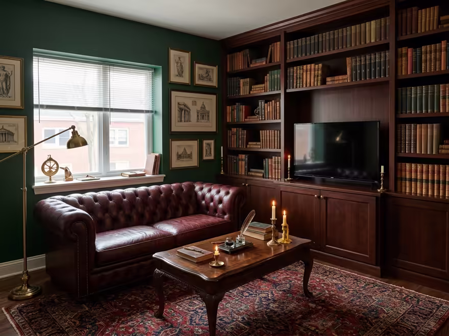The hero living room redesigned in Dark Academia style