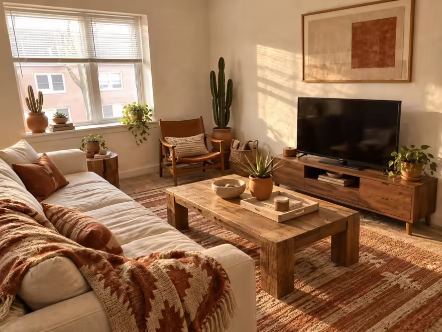 The hero living room redesigned in Desert Modern style