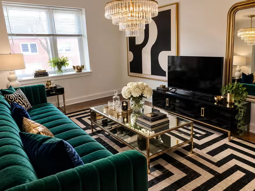 The hero living room redesigned in Hollywood Regency style