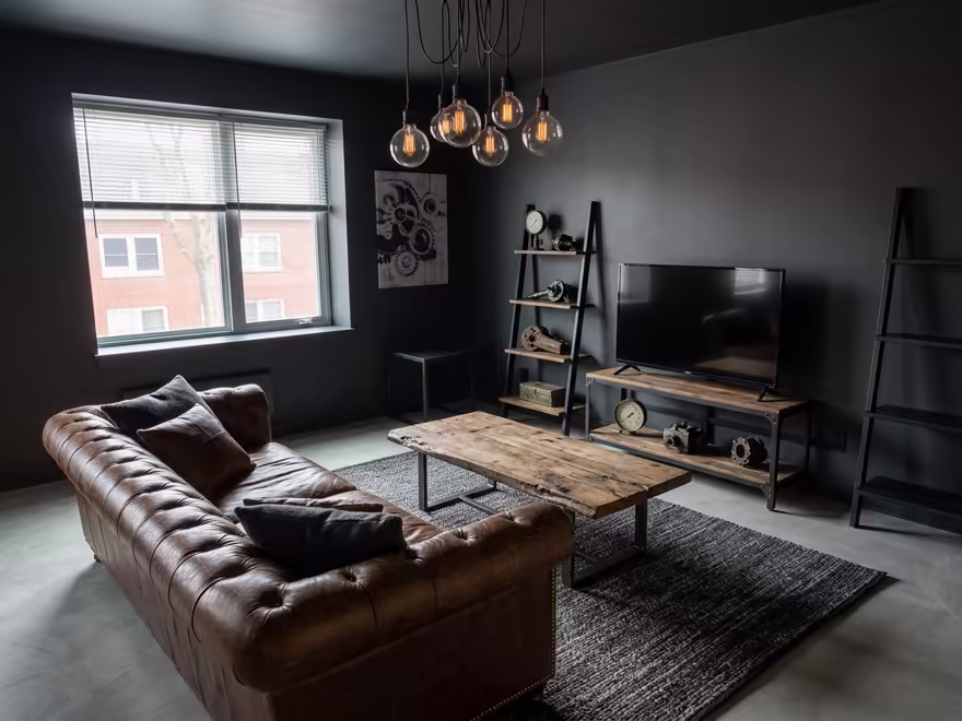 The hero living room redesigned in Industrial Loft style