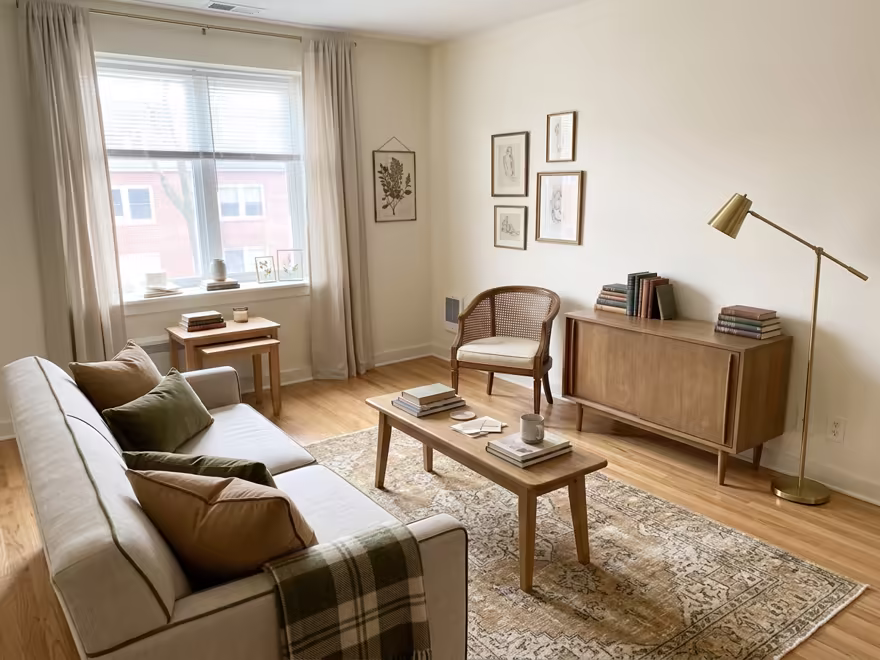 The hero living room redesigned in Light Academia style