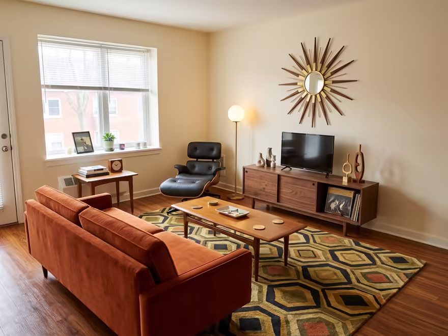 The hero living room redesigned in Mid-Century Modern style