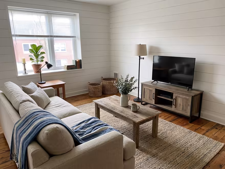 The hero living room redesigned in Modern Farmhouse style