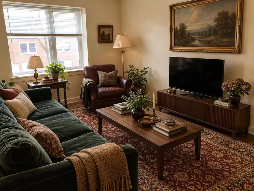 The hero living room redesigned in Modern Heritage style