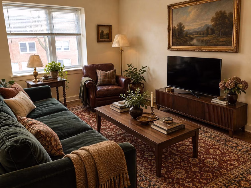 A living room redesigned in Modern Heritage style by RoomDesignAI