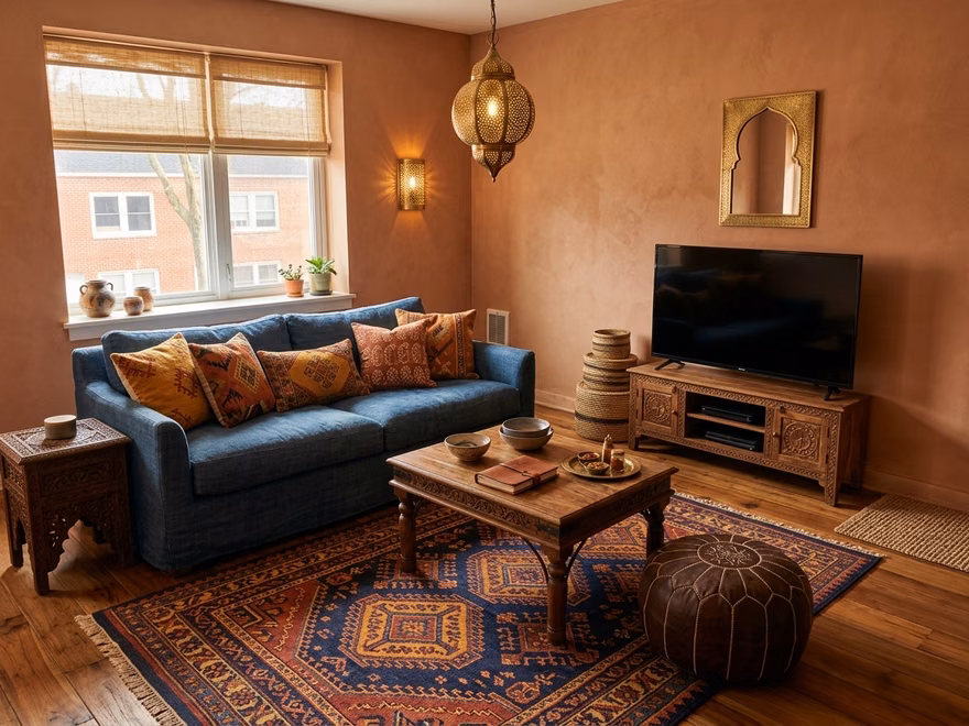 A living room redesigned in Moroccan style by RoomDesignAI