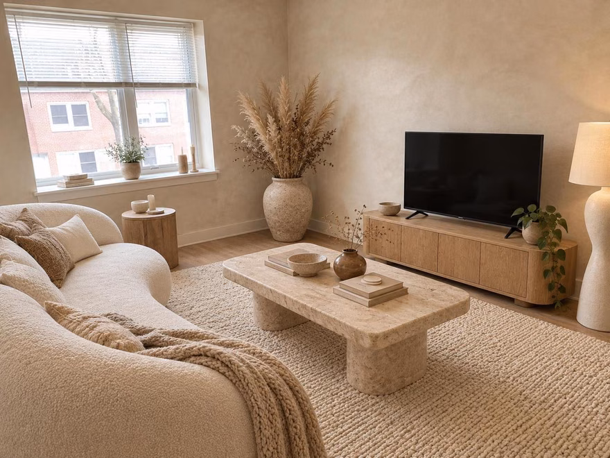 A living room redesigned in Organic Modern style by RoomDesignAI