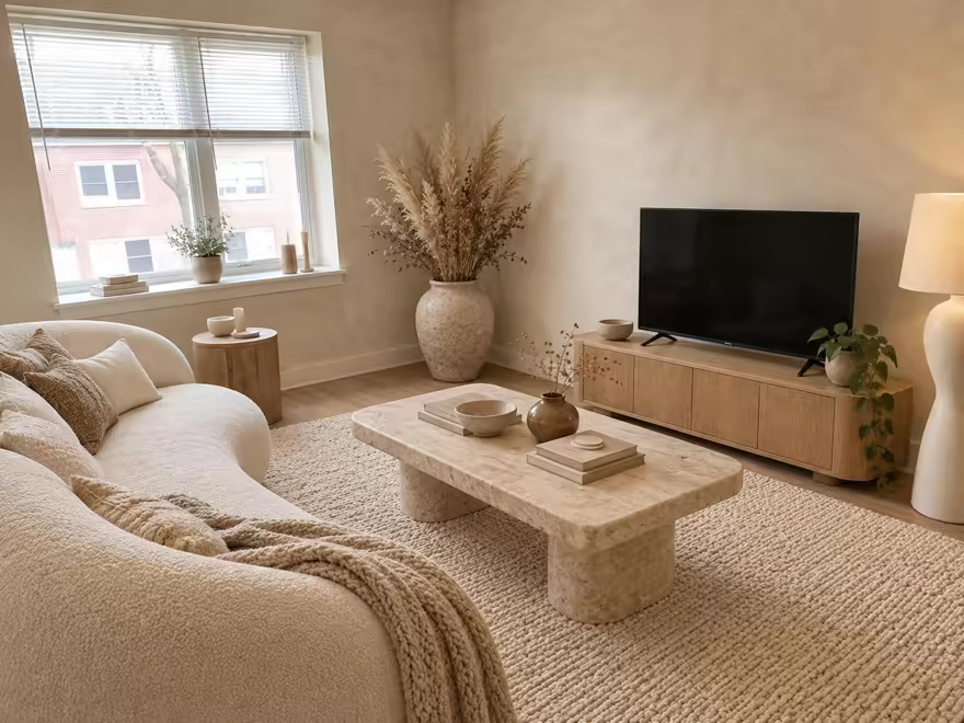 The hero living room redesigned in Organic Modern style