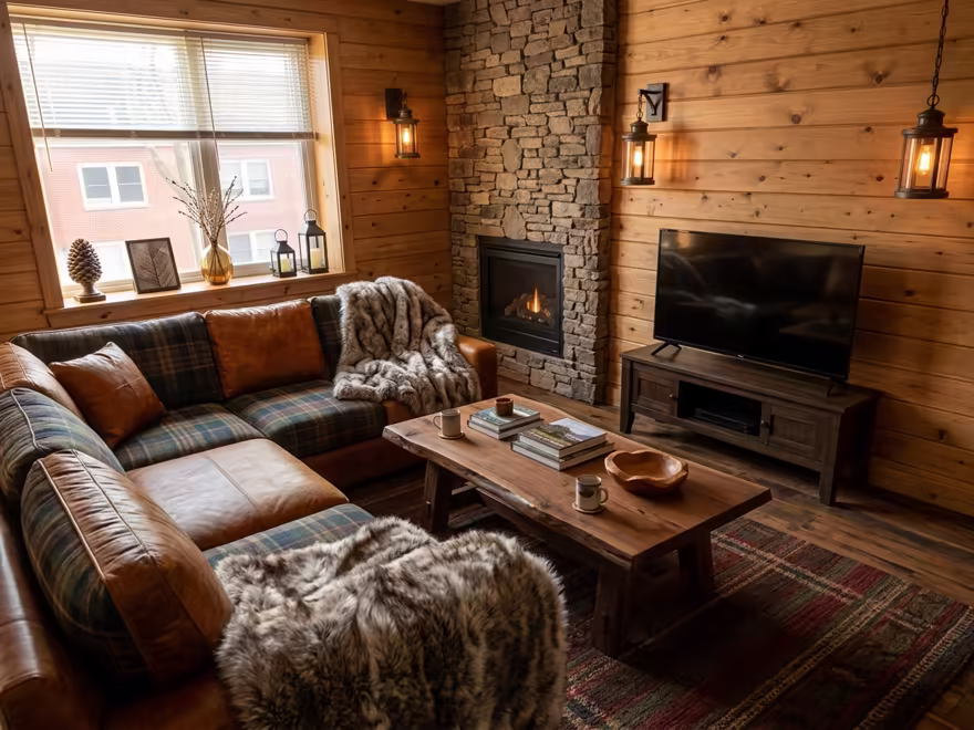 The hero living room redesigned in Rustic Cabin style