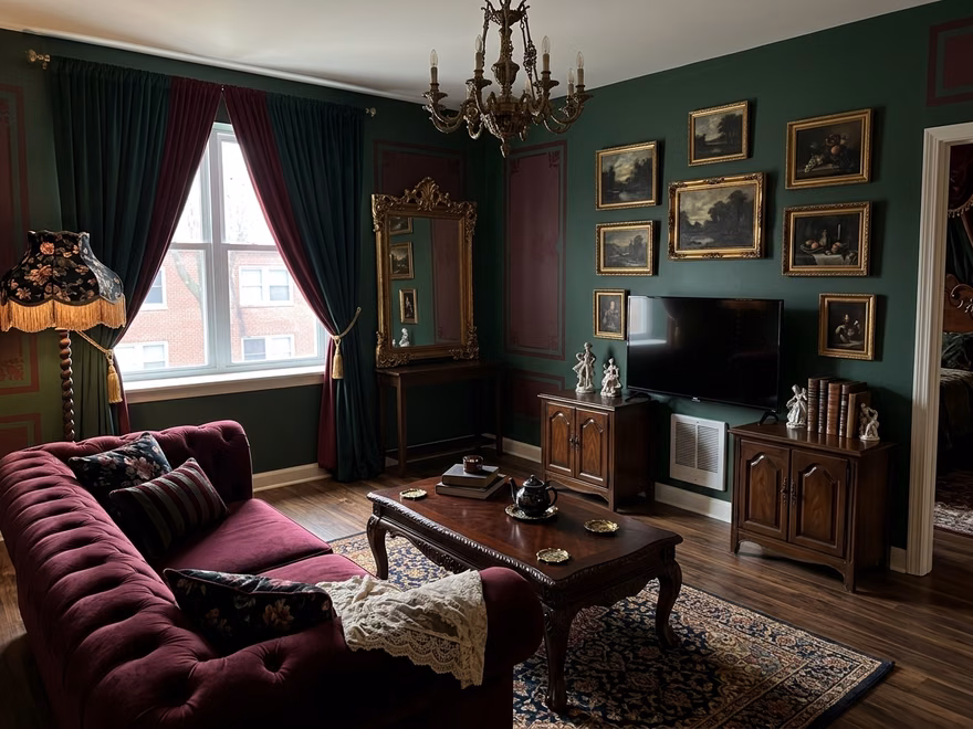 A living room redesigned in Victorian style by RoomDesignAI