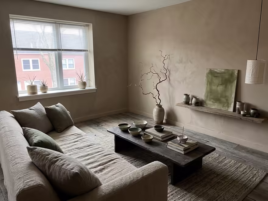 The hero living room redesigned in Wabi-Sabi style