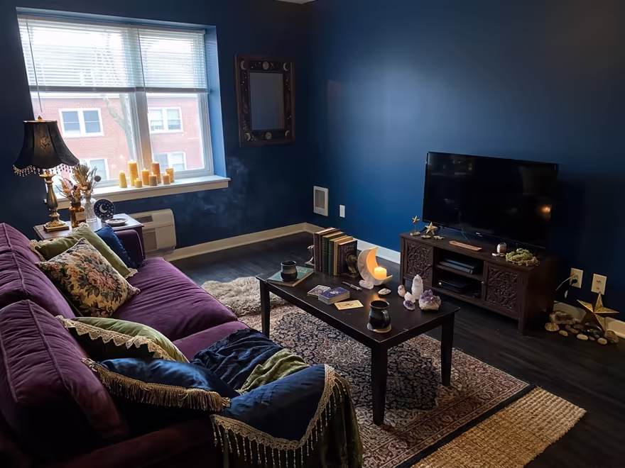 The hero living room redesigned in Whimsigoth style